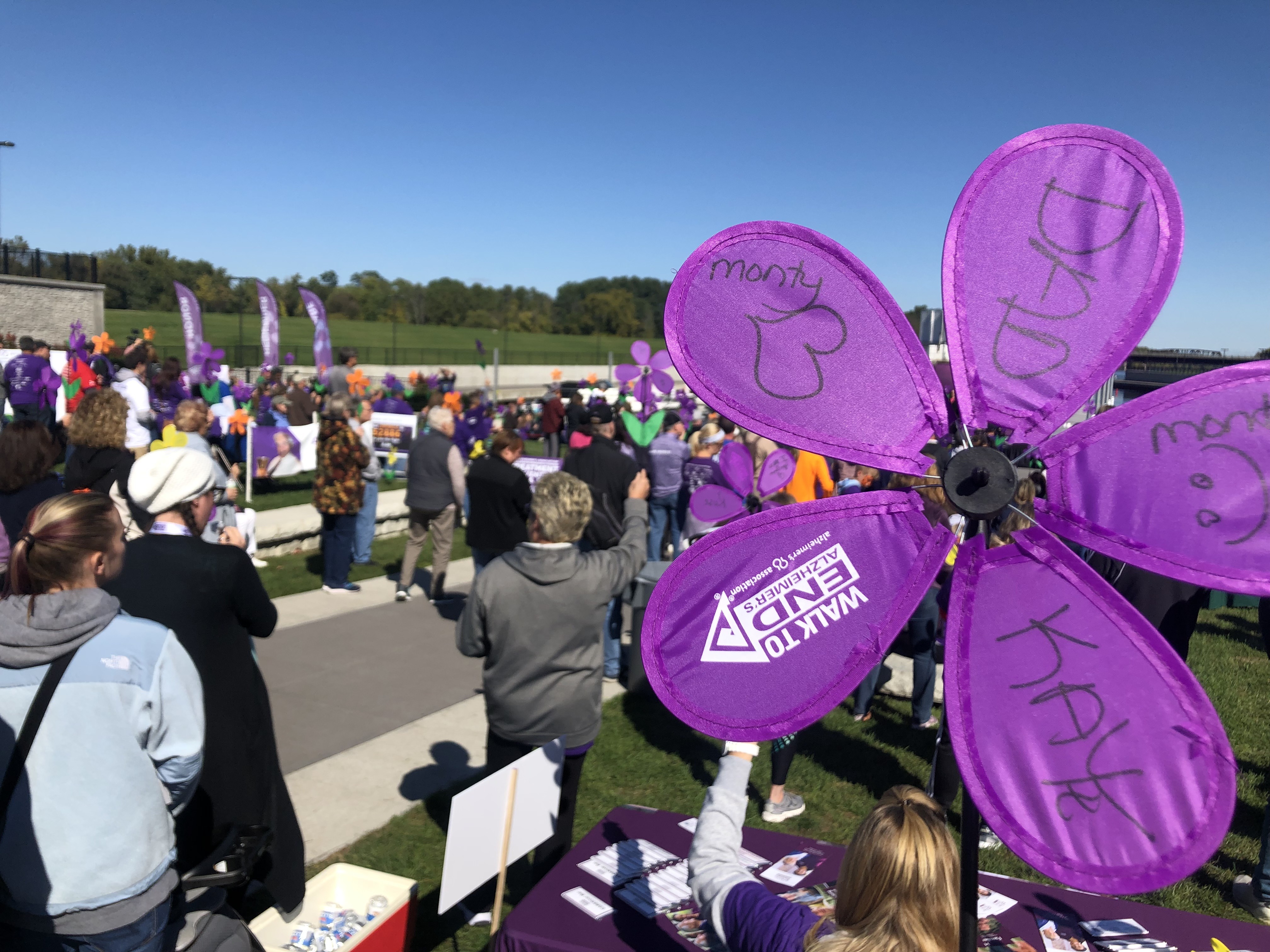 Alzheimer's Walk rally with pinwheel